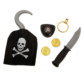 Conjunto de piratas: gancho, faca, moedas, brinco e remendo