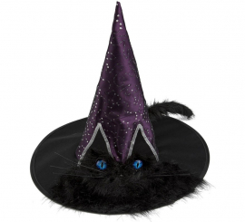 Chapéu de bruxa com olhos e cauda de gato