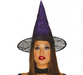 Lilac witch hat with cobwebs and spiders