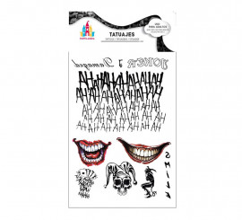 Sorrisos conflitantes de arlequim e tatuagens com texto preto