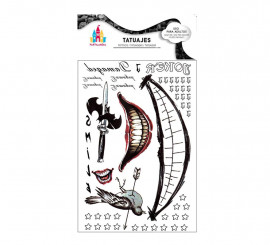 Tatuagens de palhaço conflitantes com sorrisos, texto e faca