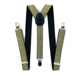 Suspensórios dourados e pretos com ganchos prateados