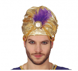 Turbante dourado com pena roxa para homens