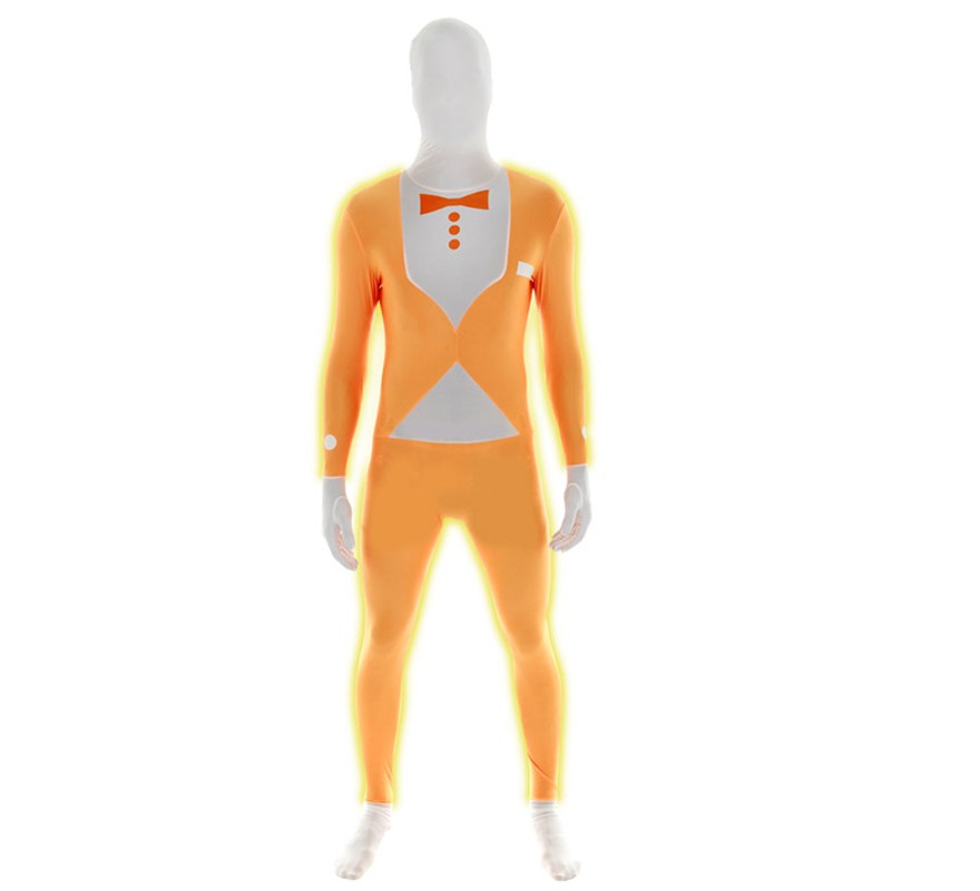 MORPHSUIT model fluorescent orange suit with bow tie