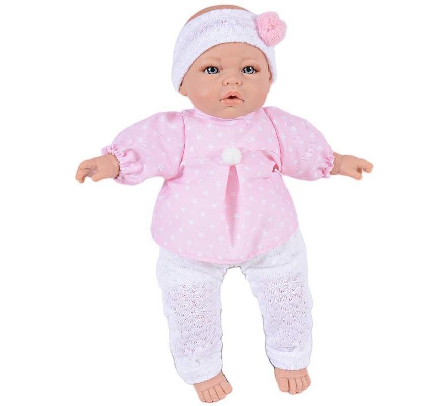 Boneca Bebe Leyre com pijama rosa e branco 40 cm