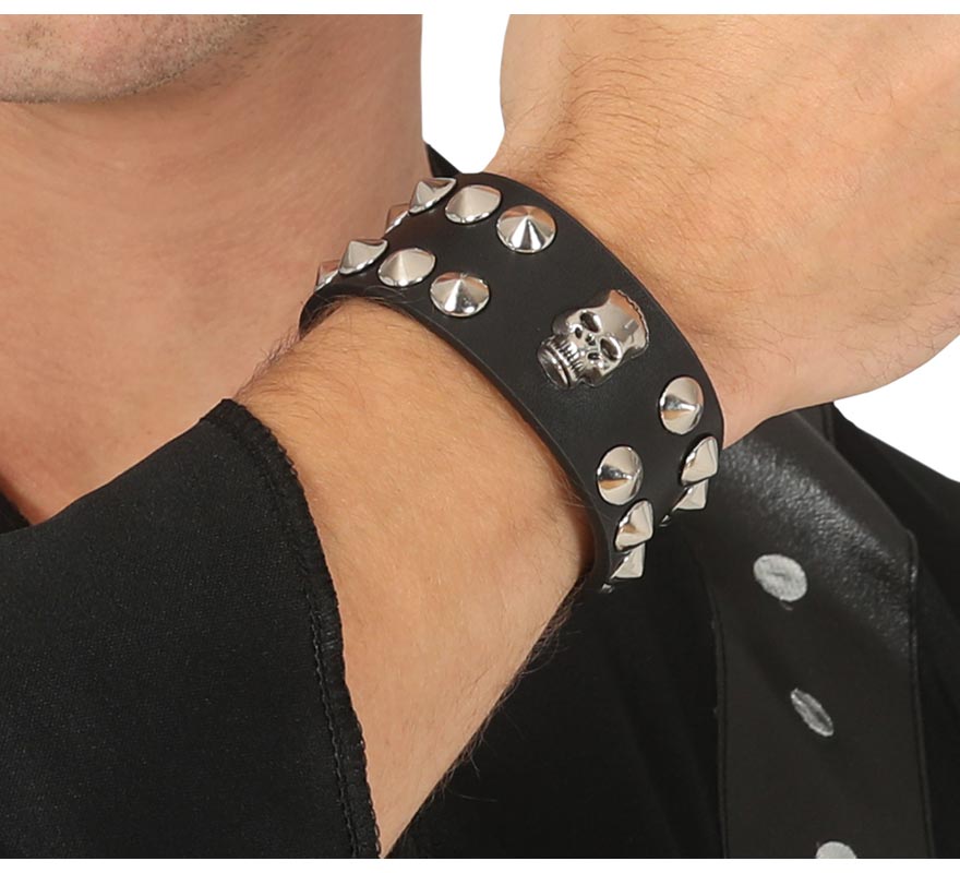Pulseira de couro preto com crânio simile Pulseira de couro preto com crânio simile