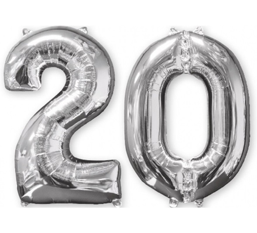 Pack 2 Balões Metálicos Prata números 2 e 0 de 66 cm