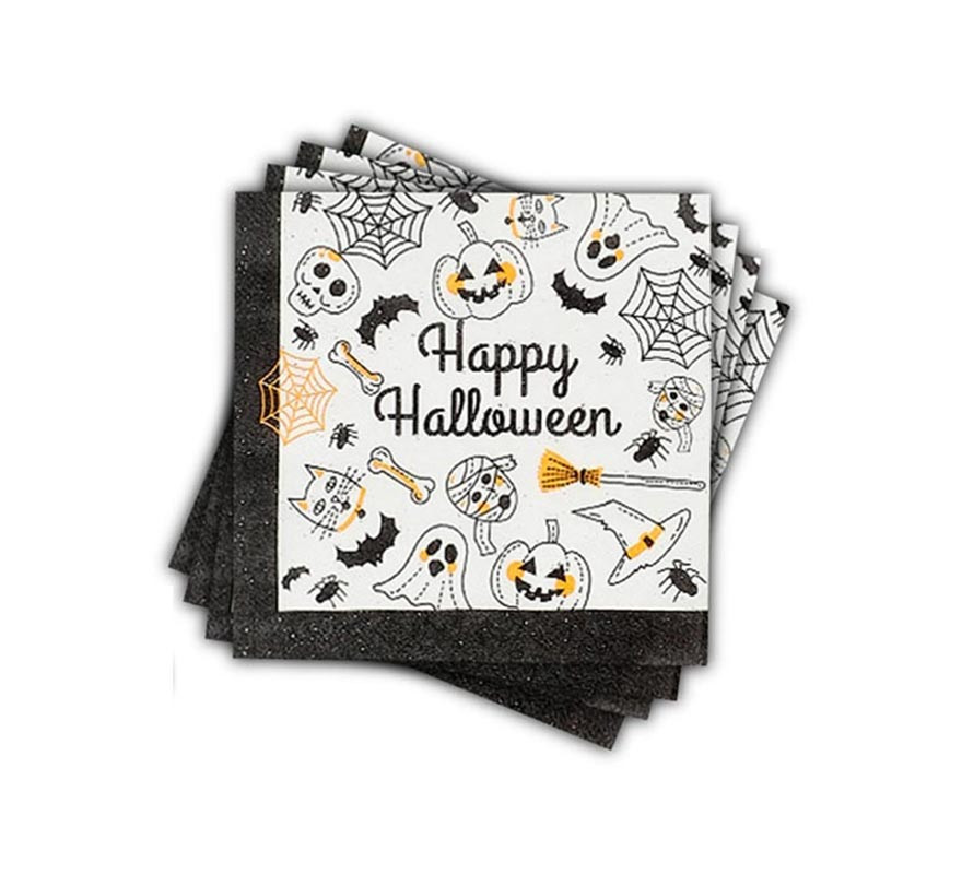 Pack de 12 guardanapos com estampa Happy Halloween preto e branco 33x33 cm
