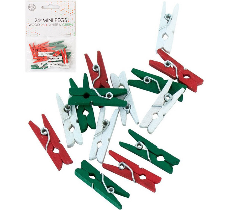 Pack of 24 Mini Wooden Clothespins in Red, White and Green Pack of 24 Mini Wooden Clothespins in Red, White and Green