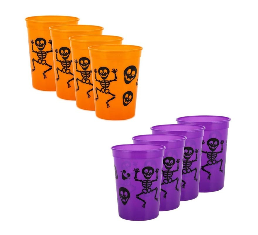 Pack de 4 Copos Plásticos Esqueleto medindo 10x8x6 cm em várias cores Pack de 4 Copos Plásticos Esqueleto medindo 10x8x6 cm em várias cores