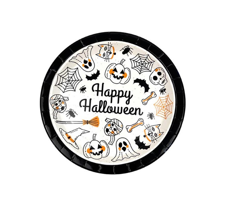 Pack of 6 Happy Halloween Print black and white plates of 23 cm