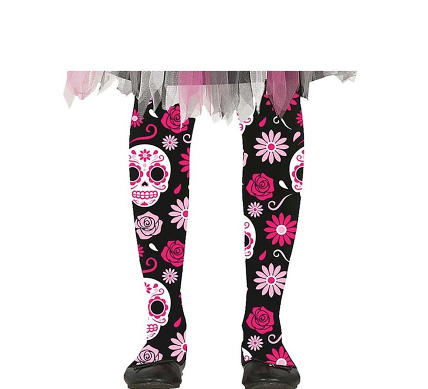 Catrina Skulls and Flowers pink children's tights