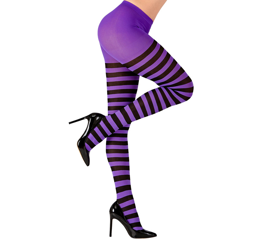 Meia-calça roxa com listras pretas, 70 denier para mulheres