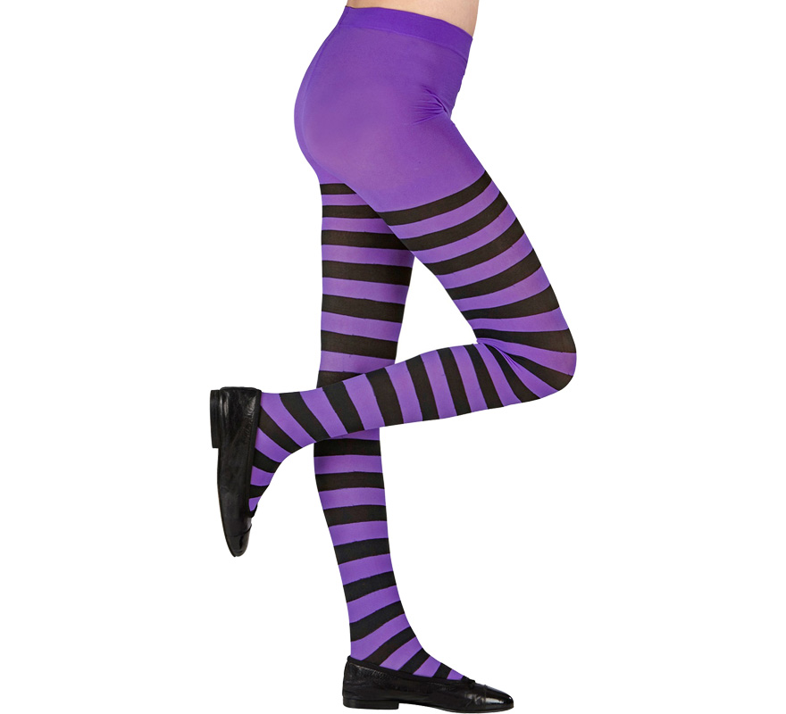 Meia-calça roxa com listras pretas, 70 denier para meninas