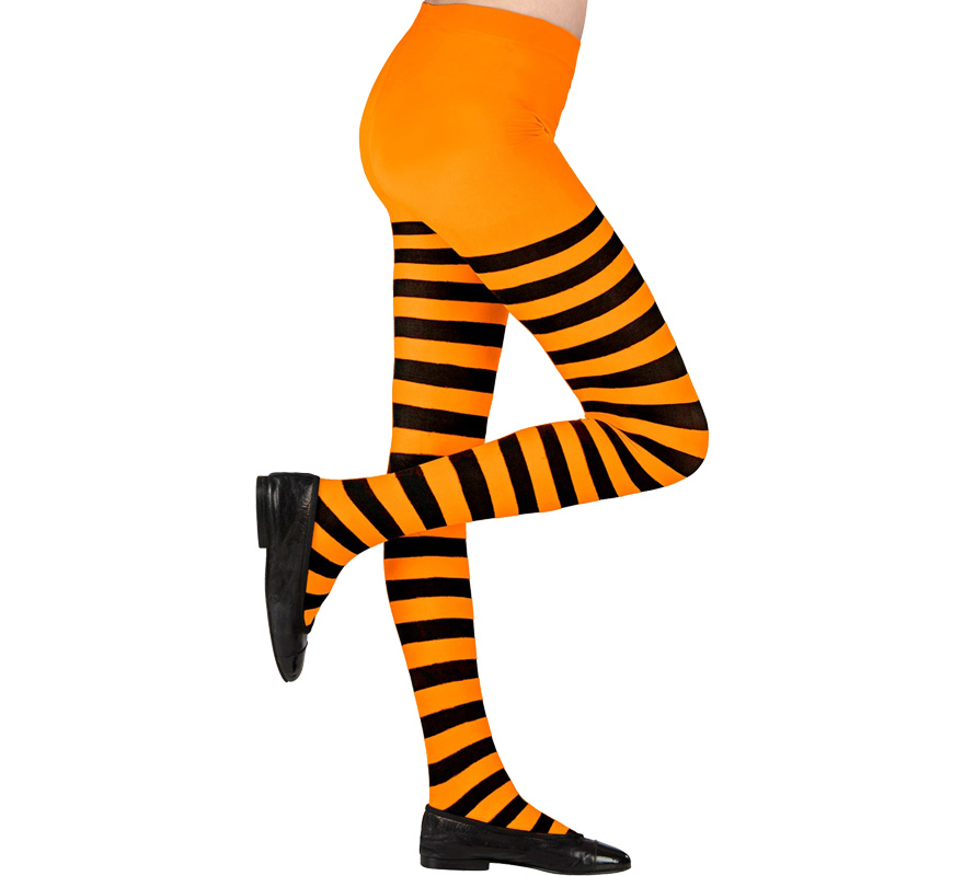 Meia-calça laranja com listras pretas, 70 denier para meninas Meia-calça laranja com listras pretas, 70 denier para meninas