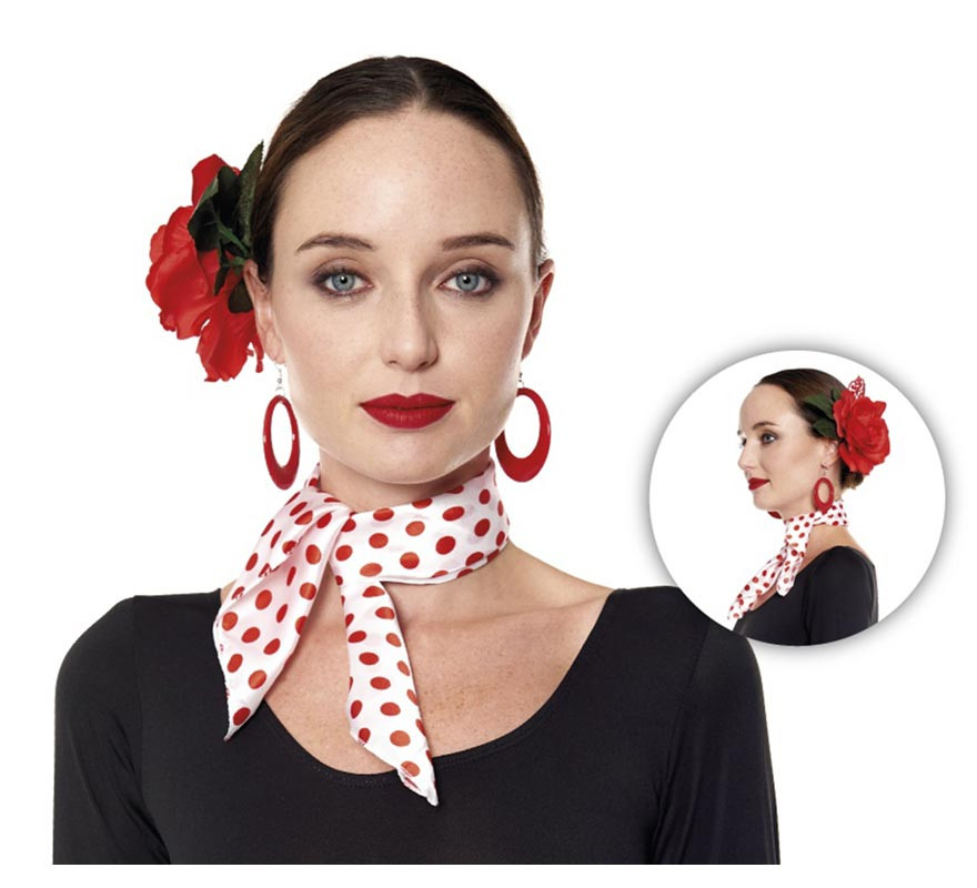 Lenço Sevilhana branco com bolinhas vermelhas 46x46 cm