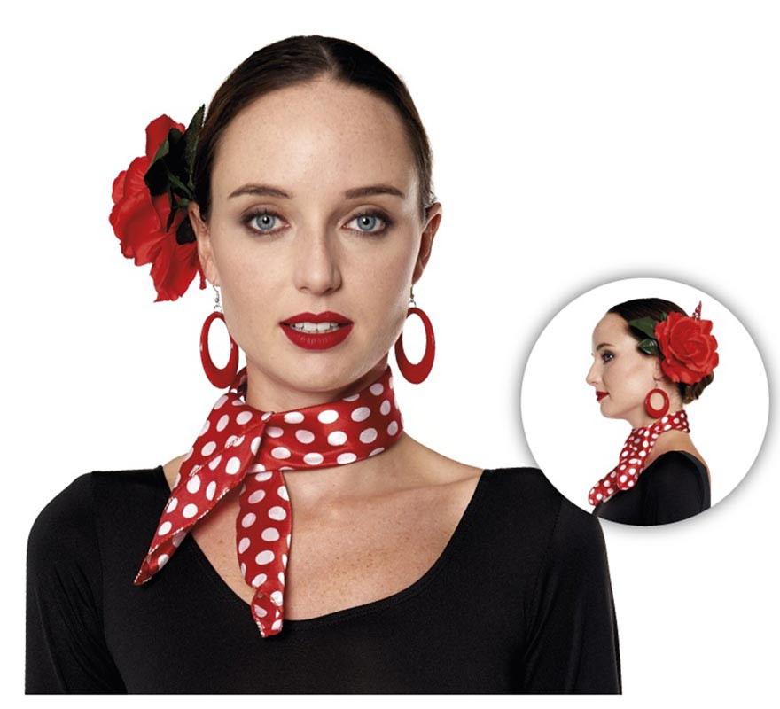 Lenço Sevillana vermelho com bolinhas brancas 46x46 cm