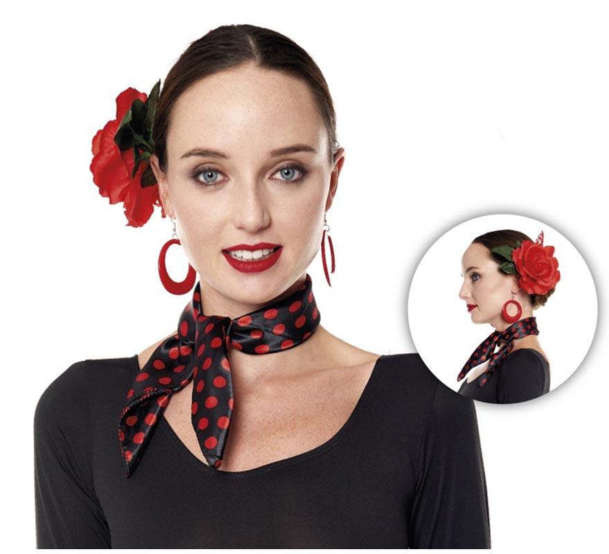 Lenço Sevillana preto com bolinhas vermelhas 46x46 cm