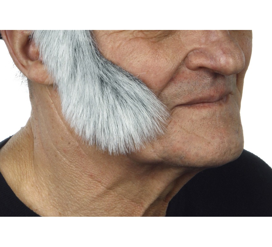 Wide curved sideburns with white hair