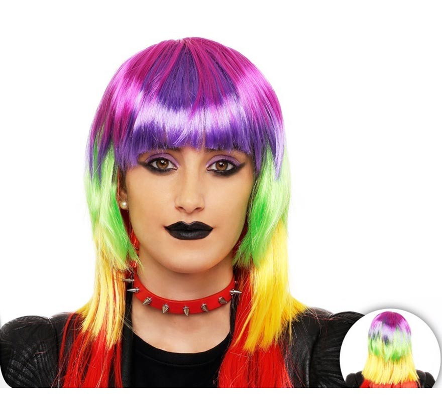 Peruca longa arco-íris multicolorida