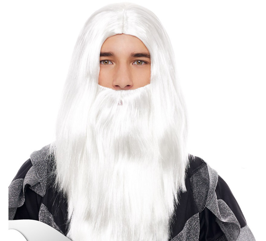 White Wizard Wig with Long Smooth Beard
