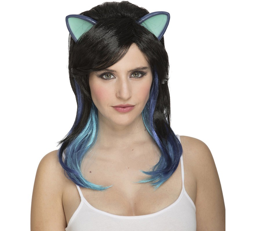 Black Kitten Wig with Ears and Blue Highlights Black Kitten Wig with Ears and Blue Highlights