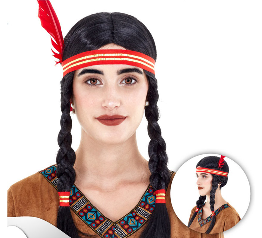 Indian wig with pigtails with ribbon and feather
