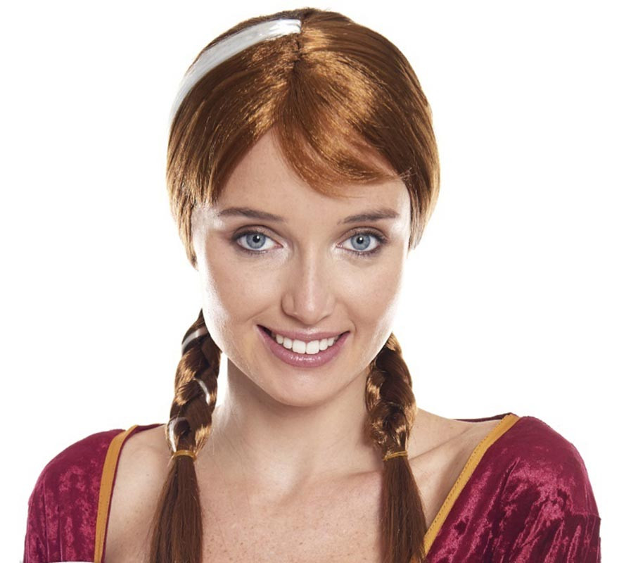 Dark brown medieval princess wig with pigtails
