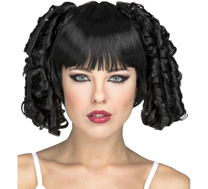 Peruca gótica preta com franja e estilingue