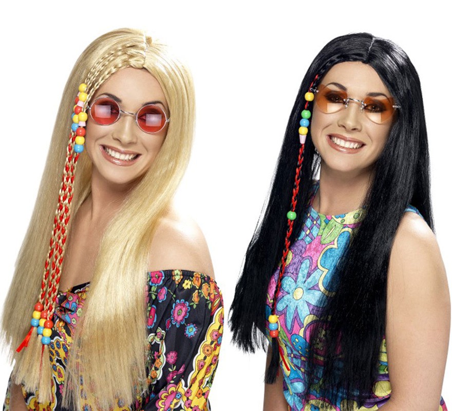 Hippy Party Wig with Colorful Beads for Women in various colors