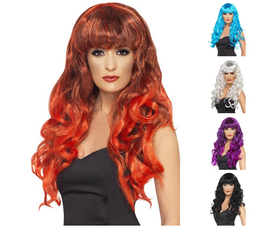 Long curly wig with bangs in various colors