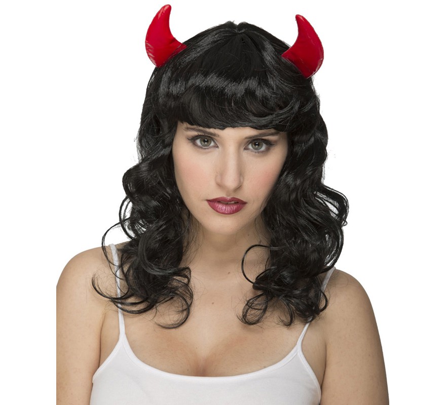 Wavy Black Wig with Demon Horns