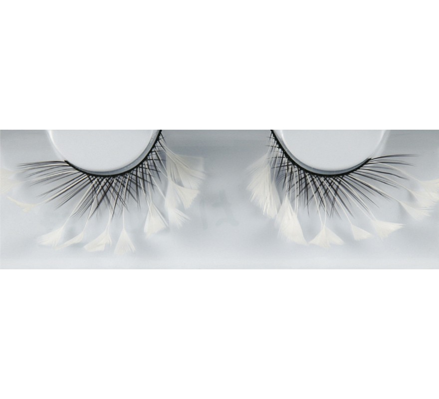 Black light eyelashes with white feathers