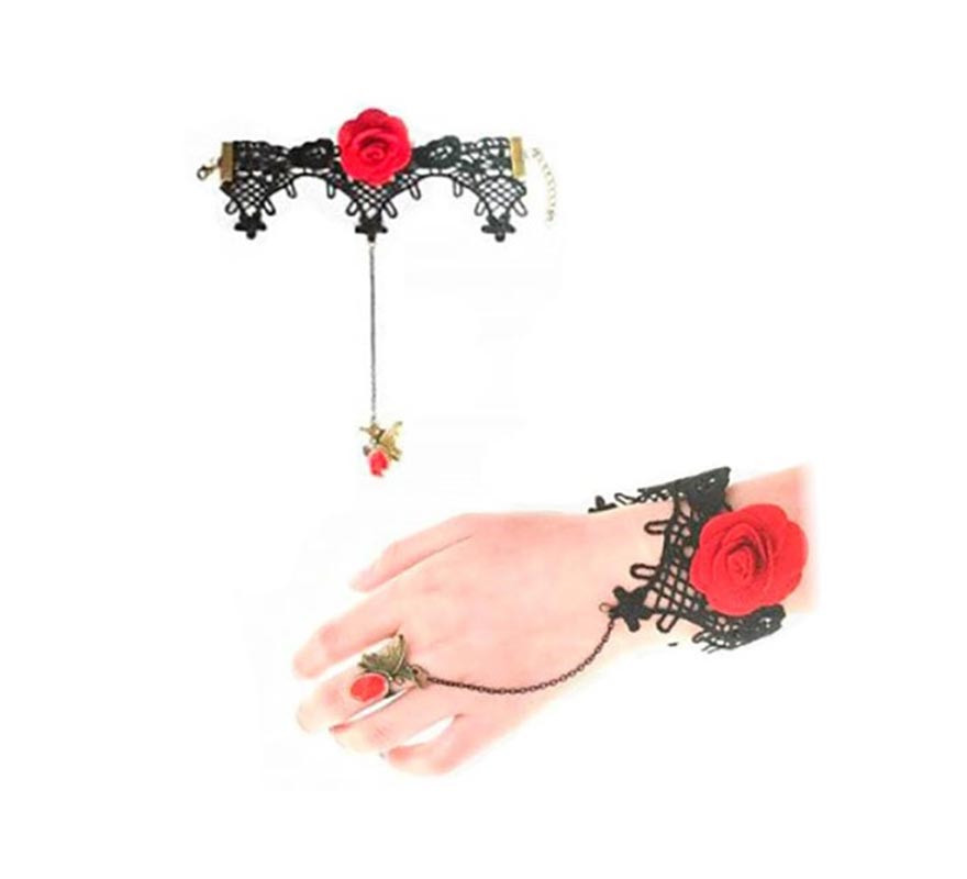 Pulseira Gótica de Renda com Rosa