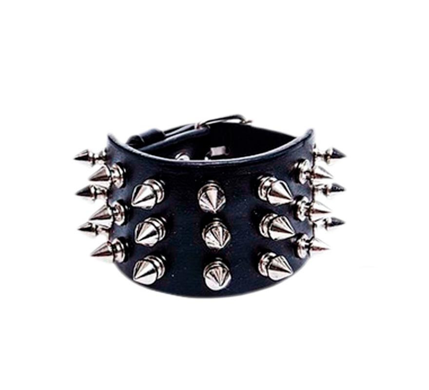 Pulseira Punk preta com 3 fileiras de pontas prateadas Pulseira Punk preta com 3 fileiras de pontas prateadas