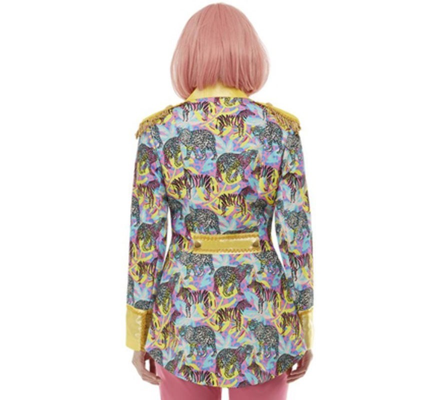 Casaco amarelo e azul dos anos 70 com detalhes dourados para mulheres-B