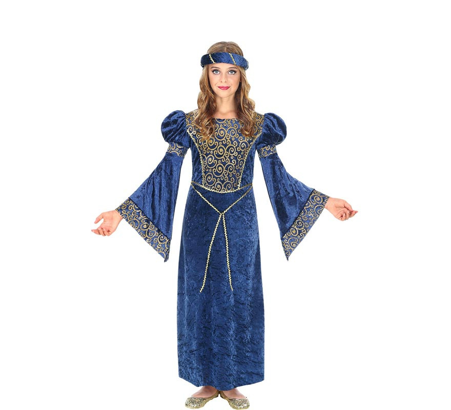 Fato de senhora renascentista azul e dourado para menina-B
