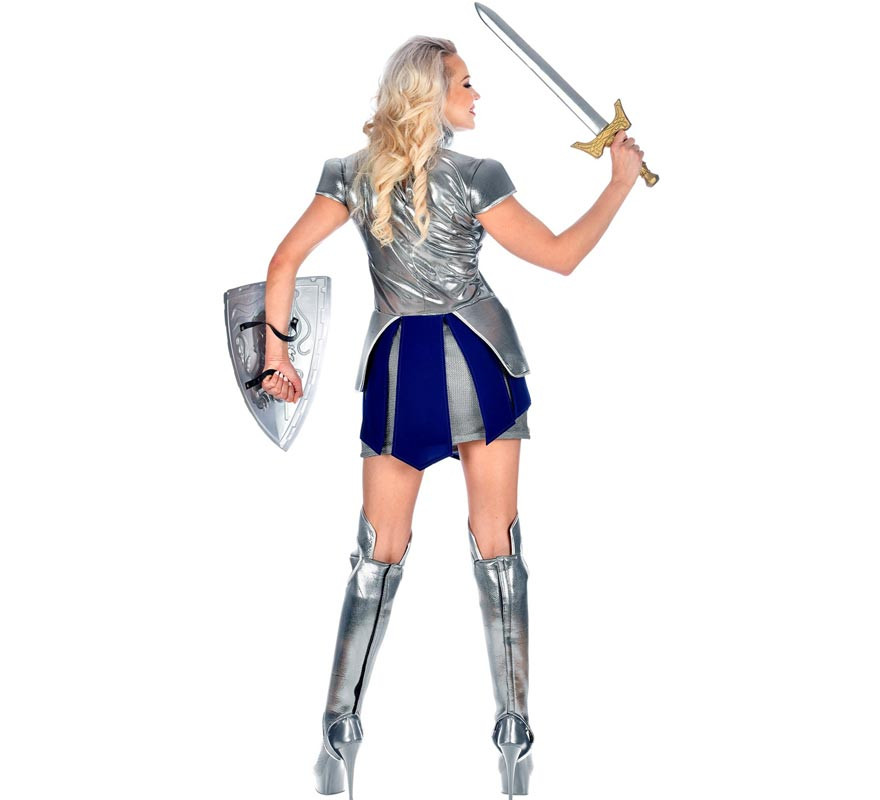 Fato de guerreiro medieval prateado e azul para mulher-B