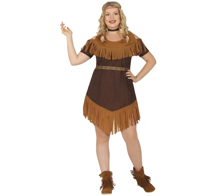 Fato de índia castanha com franjas para mulher-B