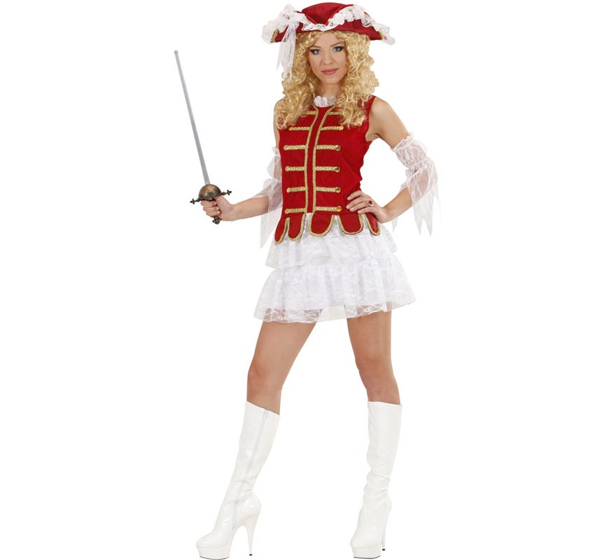 Red and white Musketeer costume with hat for women-B