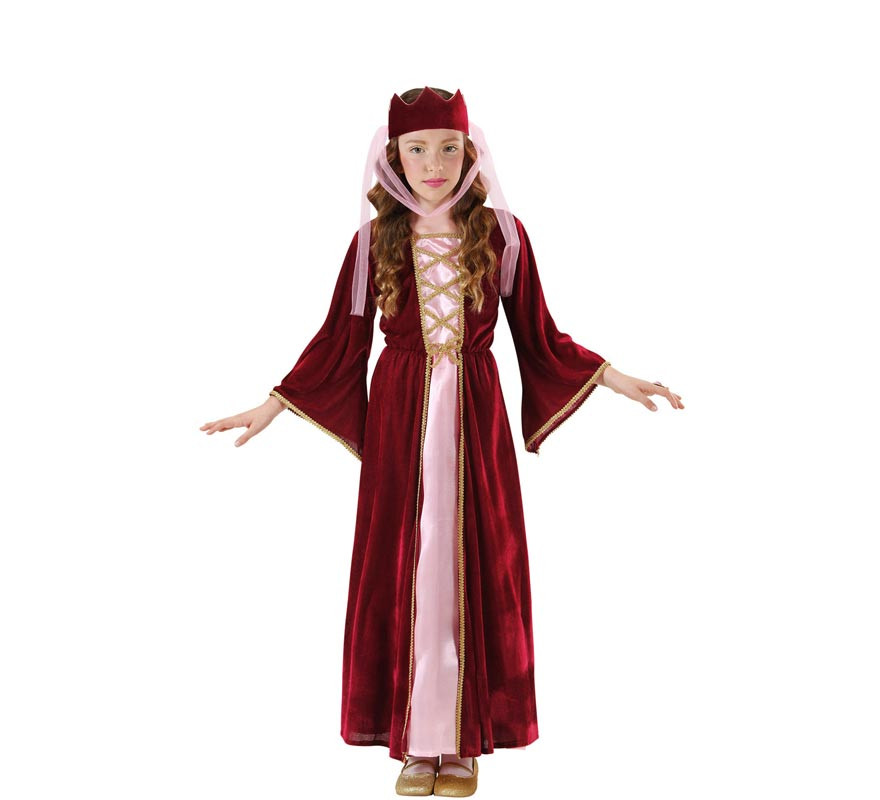 Fato de rainha medieval bordô e rosa com coroa para menina-B