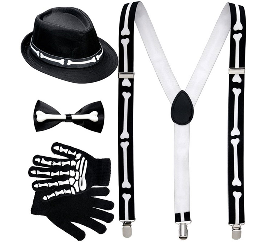 Men's Elegant Skeleton Costume Kit: Suspenders, Bow Tie, Gloves, and Bone Hat-B