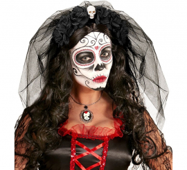 Gothic Headband with 6 Black Roses with Skull and Veil