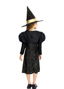 Elegant black and gold witch costume with bow for girls
