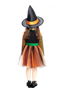 Fato de bruxa abóbora com chapéu para bebé e menina