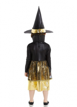 Fato de bruxa dourada e preta com chapéu para bebé e menina
