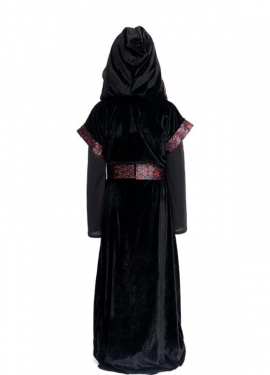 Fato de bruxa negra com capuz e cinto para criança