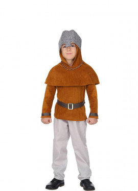 Fato de cavaleiro medieval plebeu com capuz para criança