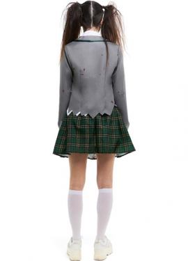 Fantasia de colegial zumbi cinza com jaqueta para mulher