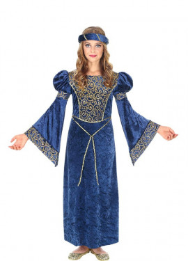 Fato de senhora renascentista azul e dourado para menina